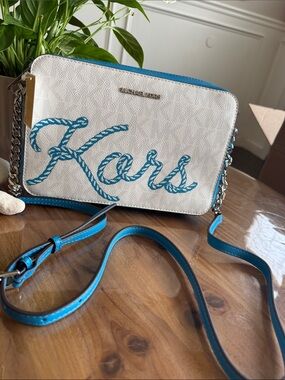Michael Kors White and Turquoise Rope-Logo Crossbody Bag